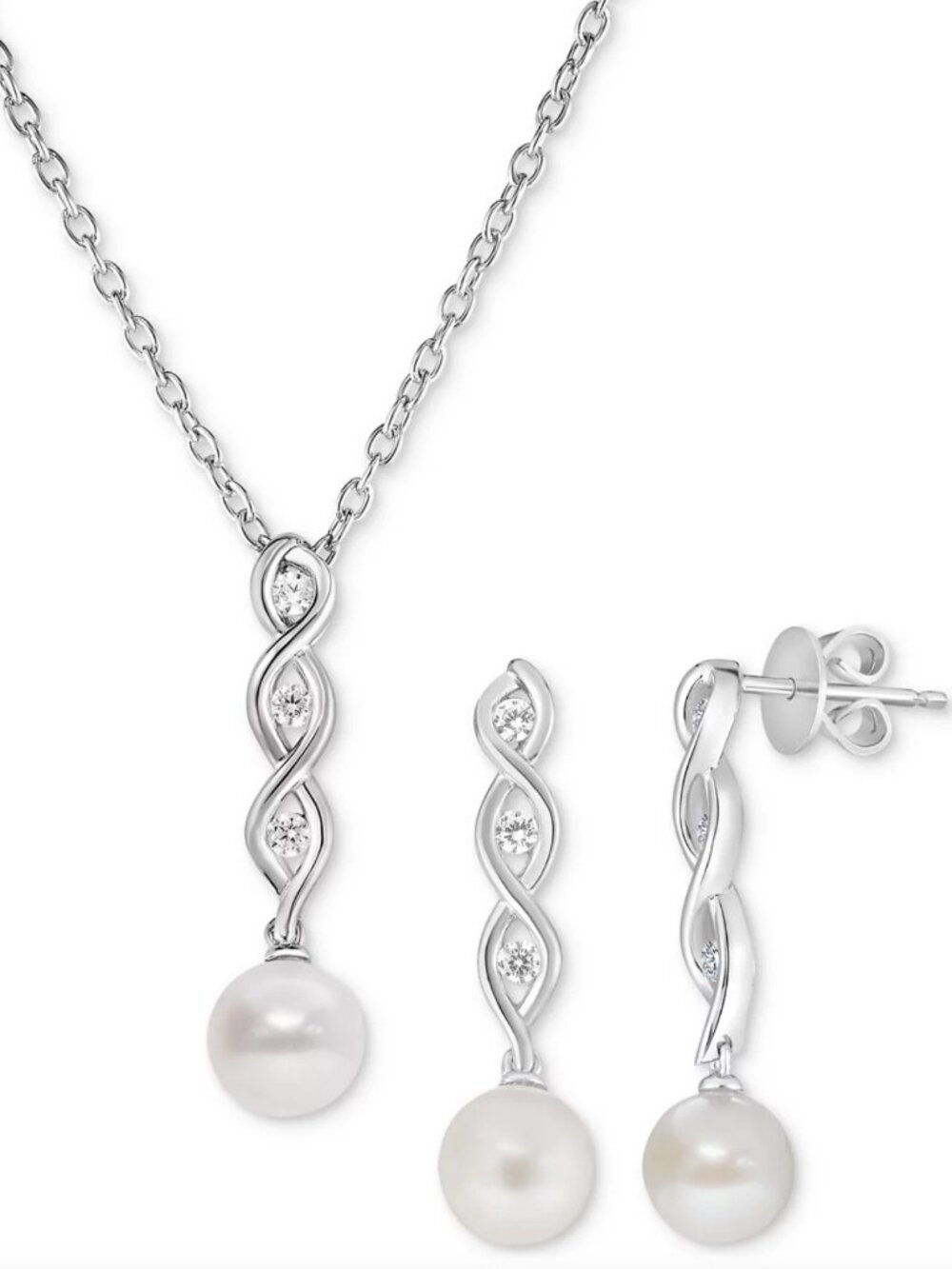 2-Pc Freshwater Pearl & Cubic Zirconia Twist Pendant Necklace Set